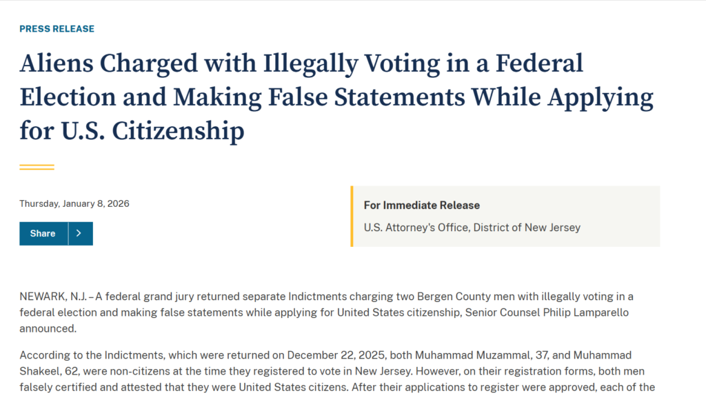 Noncitizens Charged with Illegally Voting in a Federal Election and Making False Statements While Applying for U.S. Citizenship