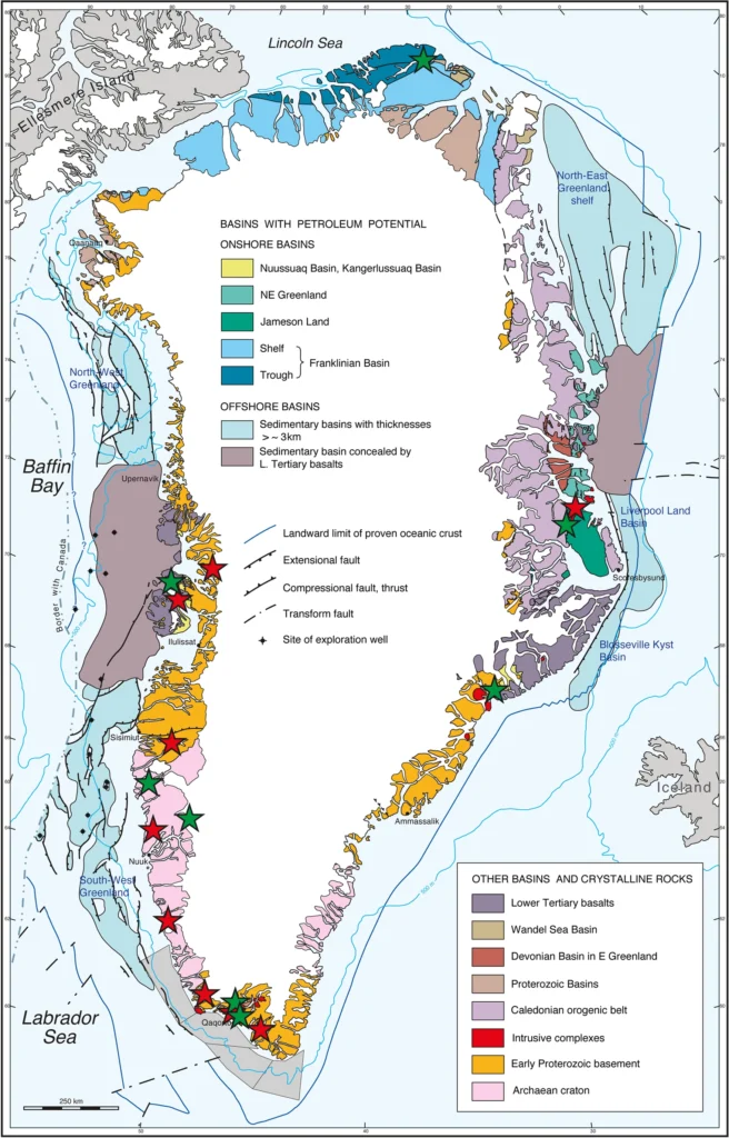 Simplified geological map of Greenland showing basement terrains and sedimentary basins (from Henriksen 2008). Red stars indicate position of mines, green stars large projects.