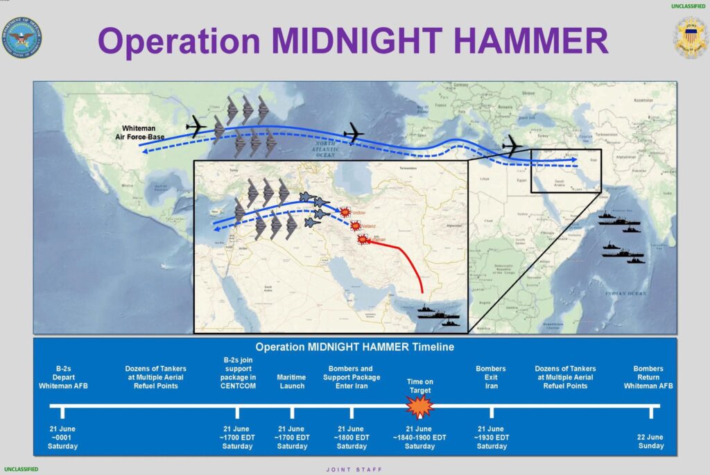 Airstrikes on Iran in Operation Midnight Hammer.