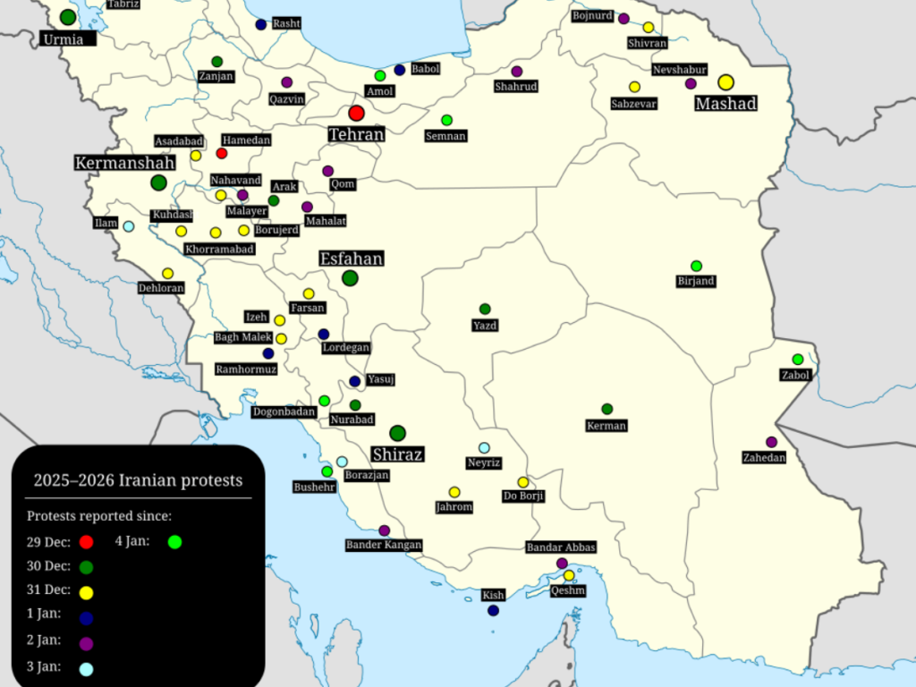 Cities in Iran where protests have been reported.